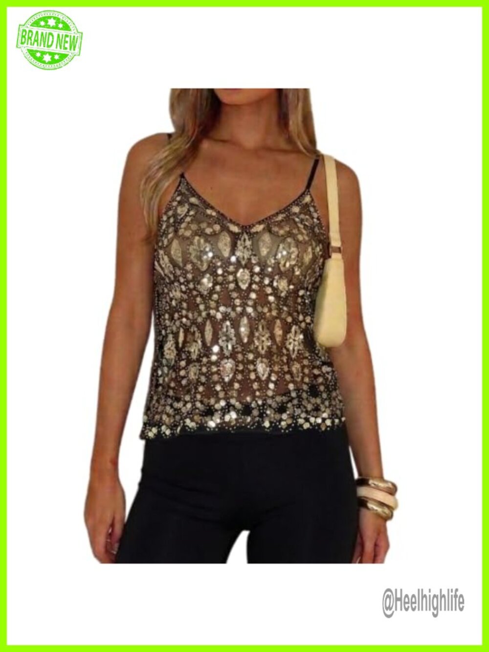 Women Sparkly Sequin Tank Top Y2K Beaded Sheer Mesh V-Neck Party Rave Cami